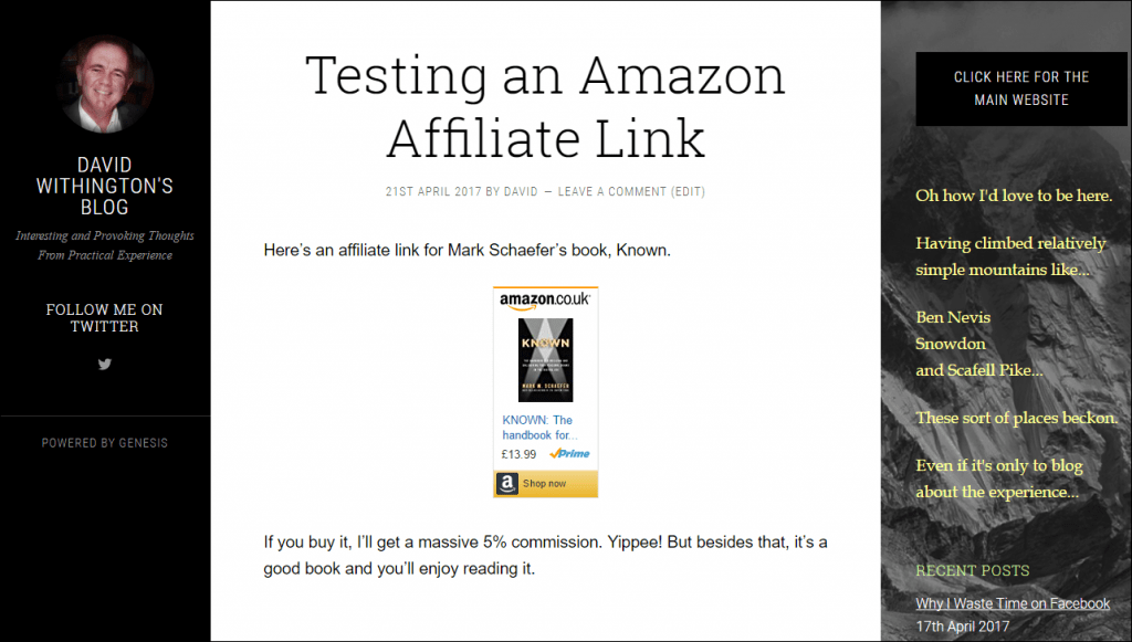 The affiliate link displayed on the blog